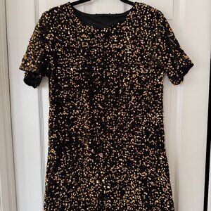 Black Velvet + Gold Sequin Dress, NEW